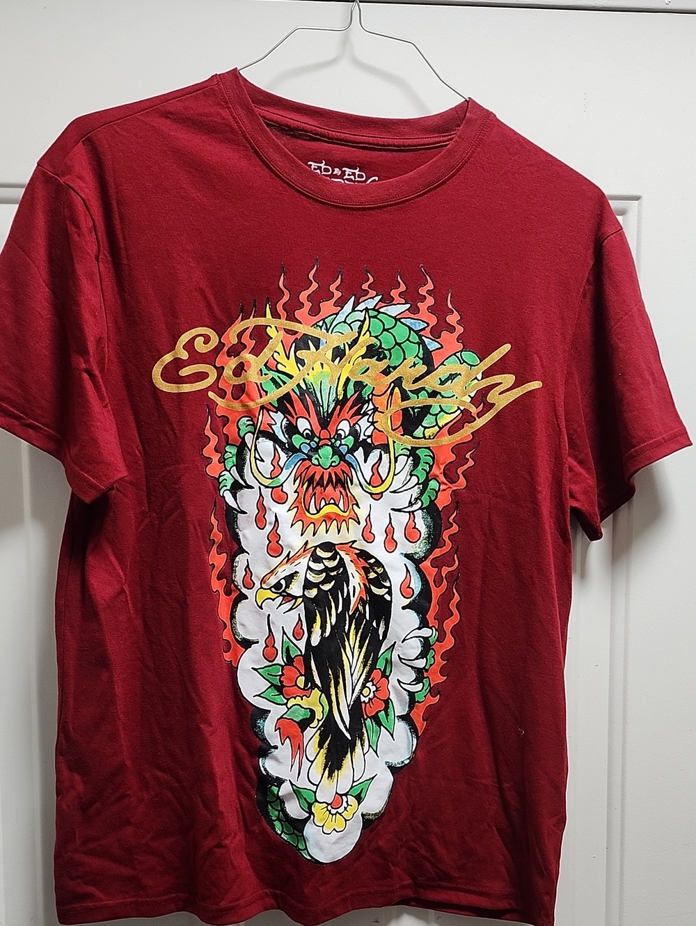 Ed Hardy Red Short Sleeve Tee with Dragon & Bird Graphic
